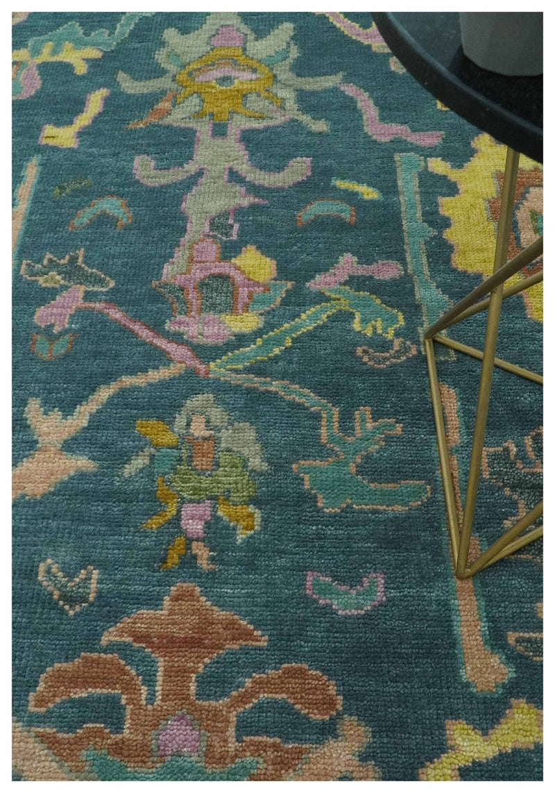 Teal, Peach and Mustard Hand Knotted Oriental Oushak 8x10 wool area Rug