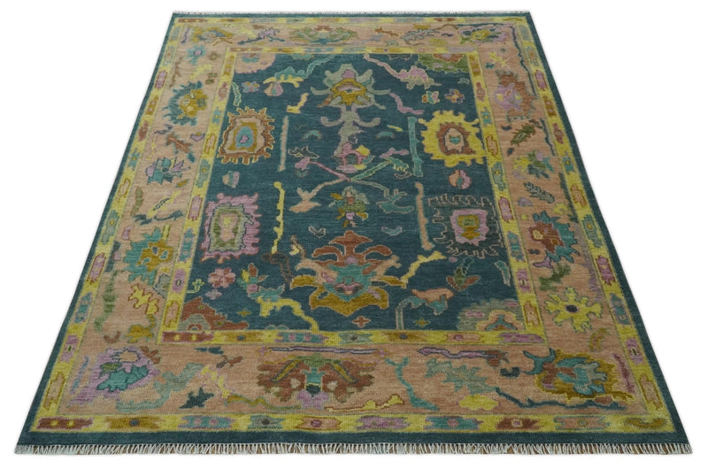Teal, Peach and Mustard Hand Knotted Oriental Oushak 8x10 wool area Rug