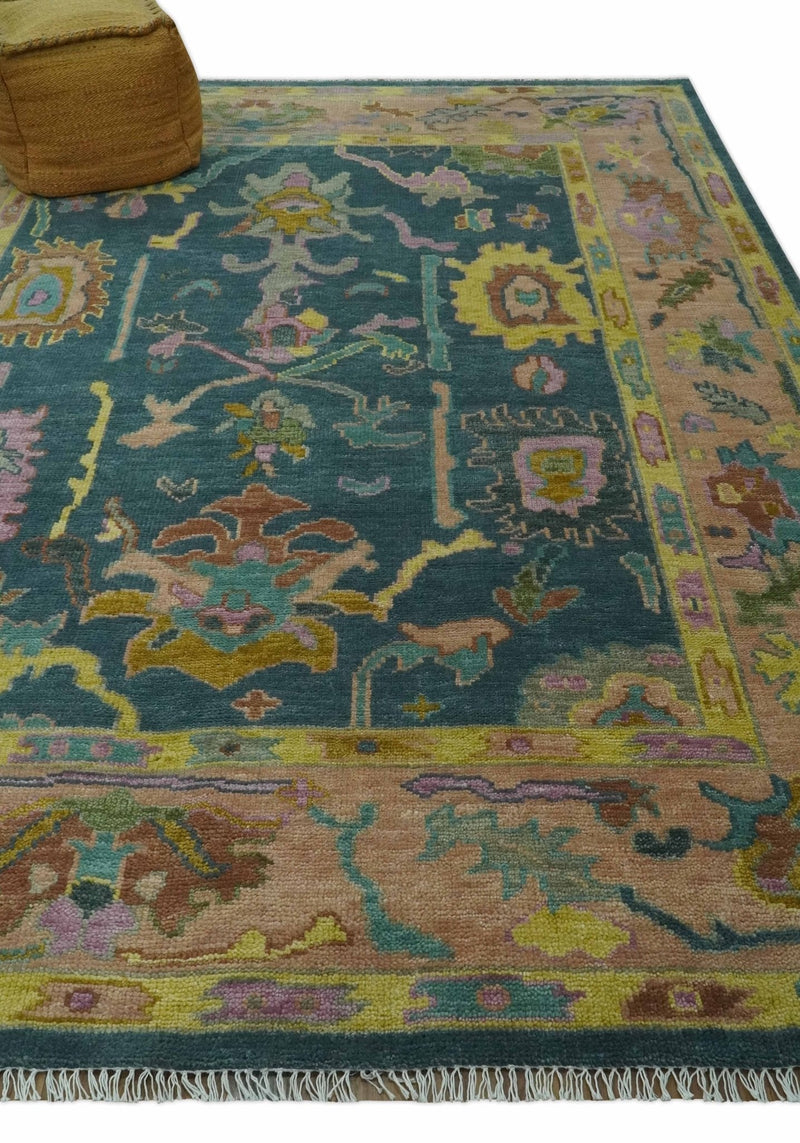 Teal, Peach and Mustard Hand Knotted Oriental Oushak 8x10 wool area Rug