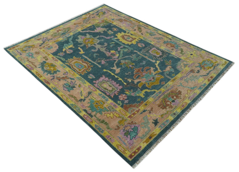 Teal, Peach and Mustard Hand Knotted Oriental Oushak 8x10 wool area Rug