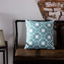 Teal & white geometric embroidered cushion cover living room decor by Decorbites