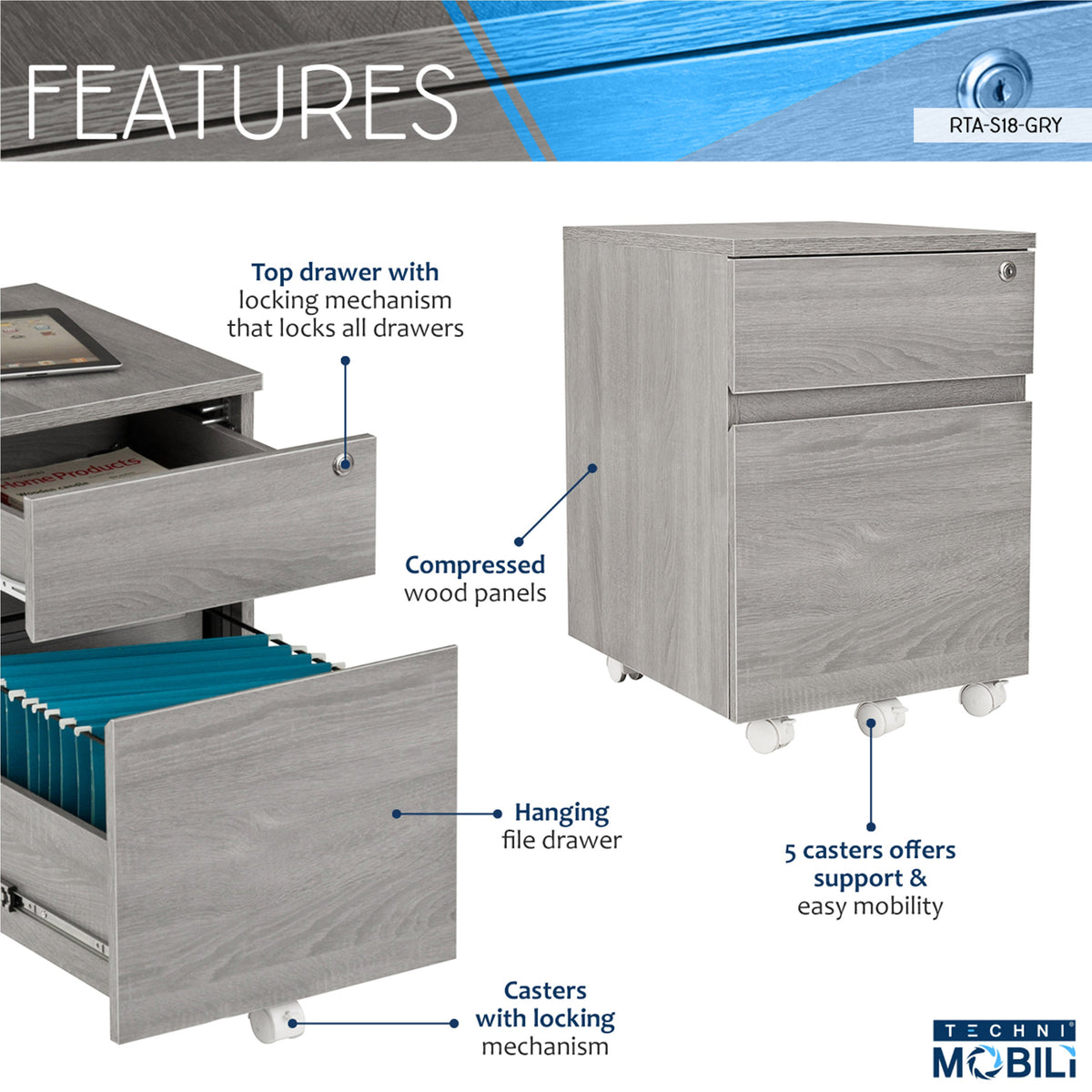 Techni Mobili Rolling Two Drawer Vertical Filing Cabinet with Lock and Storage, photo 3 of 10