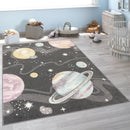 Kids Rug Nino Space with pastel colored Planets Stars in Anthracite