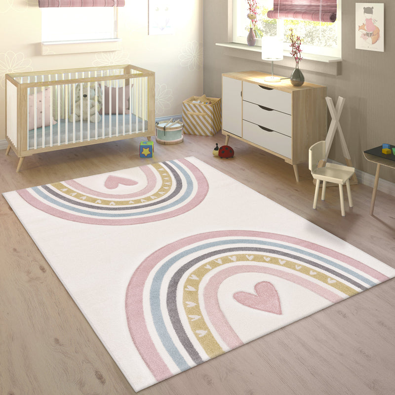 Kids Rug Cosmo with Rainbow & Hearts in Cream