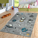 Space Rug for Kids with Astronauts & Rockets in Grey