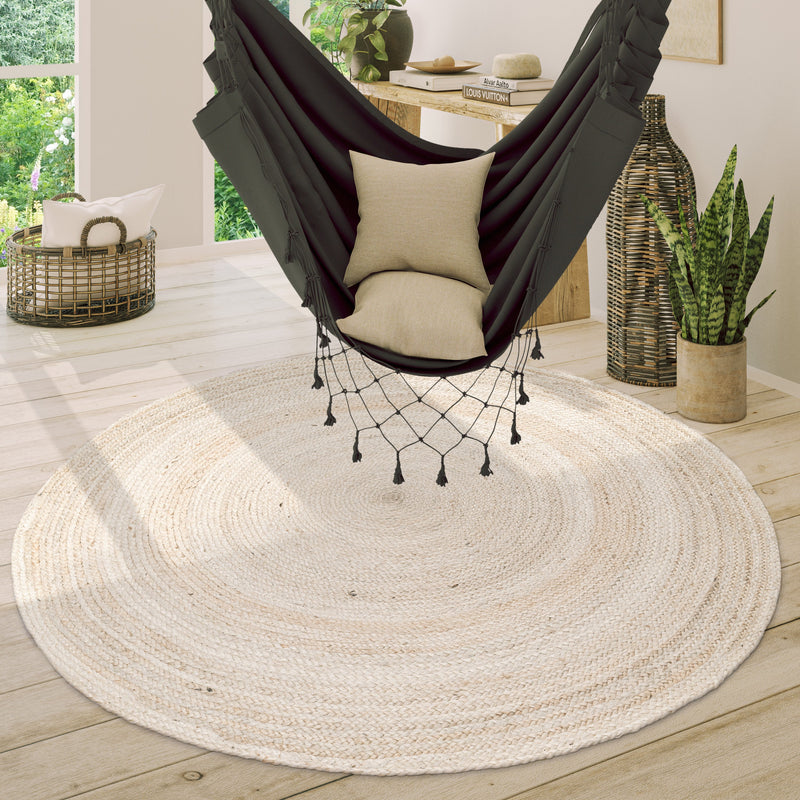 Hand-Woven Boho Rug Kaia Round with Natural Jute Fibers in White Ivory