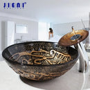 GobekUsa Brown Hand-Paint Glass Wash Basin Set with Gold Chrome Waterfall Faucet