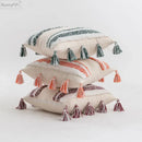 Textured blue & beige striped cushion cover living room tassel pillow by Decorbites