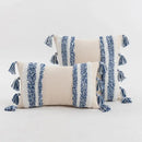 Textured blue & beige striped cushion cover living room tassel pillow by Decorbites