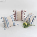 Textured blue & beige striped cushion cover living room tassel pillow by Decorbites