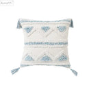Textured blue & white geometric cushion cover with tassels living room by Decorbites