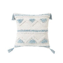 Textured blue & white geometric cushion cover with tassels living room by Decorbites