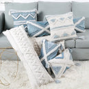 Textured blue & white geometric cushion cover with tassels living room by Decorbites