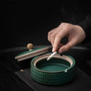Textured green ceramic ashtray with lid living room smoking accessory by Decorbites