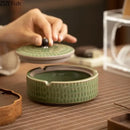 Textured green ceramic ashtray with wooden lid for office or living room by Decorbites