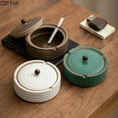 Textured green ceramic ashtray with wooden lid for office or living room by Decorbites