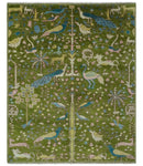 The Green Jungle Life Teal and Peach Peacock Bird Hand Knotted 8x10 Wool Area Rug by The Rug Decor