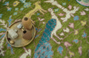 The Green Jungle Life Teal and Peach Peacock Bird Hand Knotted 8x10 Wool Area Rug by The Rug Decor