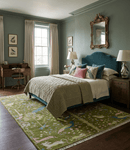 The Green Jungle Life Teal and Peach Peacock Bird Hand Knotted 8x10 Wool Area Rug