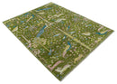 Teal Peach Green Wool Area Rug - Hand Knotted Peacock Design
