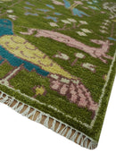Teal Peach Green Wool Area Rug - Hand Knotted Peacock Design