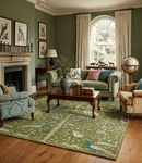 Teal Peach Green Wool Area Rug - Hand Knotted Peacock Design