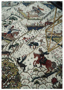 The Jungle Life Hunter and the King Animal Tree Rug Hand Knotted Ivory and Olive Wool