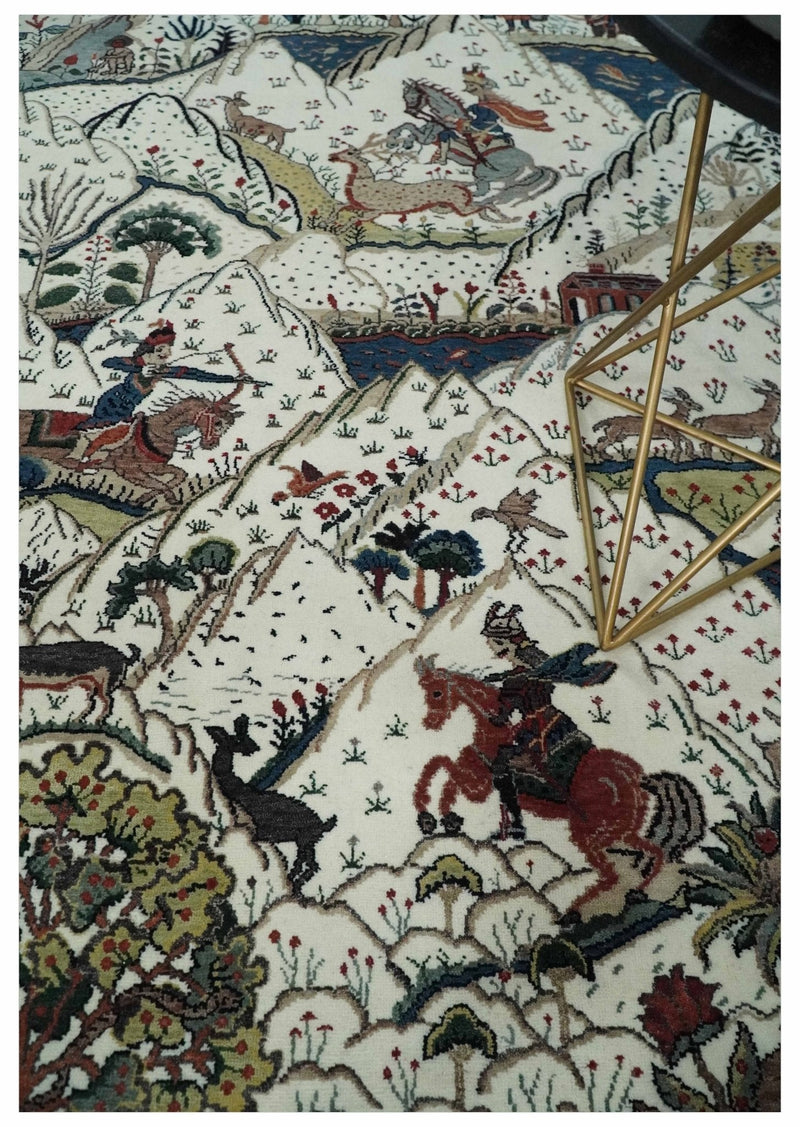 The Jungle Life Hunter and the King Animal Tree Rug Hand Knotted Ivory and Olive Wool