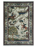 The Jungle Life Hunter and the King Animal Tree Rug Hand Knotted Ivory and Olive Wool