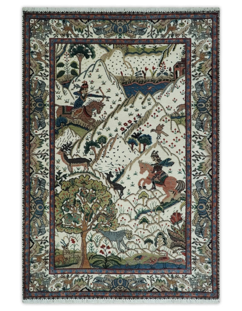 The Jungle Life Hunter and the King Animal Tree Rug Hand Knotted Ivory and Olive Wool