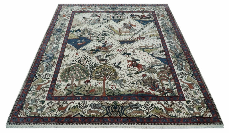The Jungle Life Hunter and the King Animal Tree Rug Hand Knotted Ivory and Olive Wool