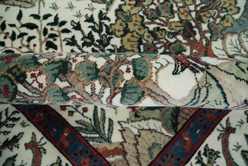 The Jungle Life Hunter and the King Animal Tree Rug Hand Knotted Ivory and Olive Wool