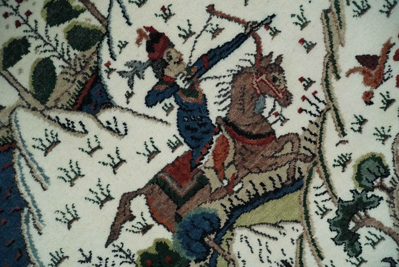 The Jungle Life Hunter and the King Animal Tree Rug Hand Knotted Ivory and Olive Wool