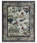 The Jungle Life Hunter and the King Animal Tree Rug Hand Knotted Ivory and Olive Wool