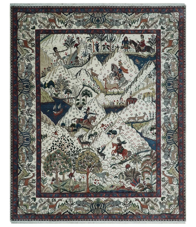 The Jungle Life Hunter and the King Animal Tree Rug Hand Knotted Ivory and Olive Wool