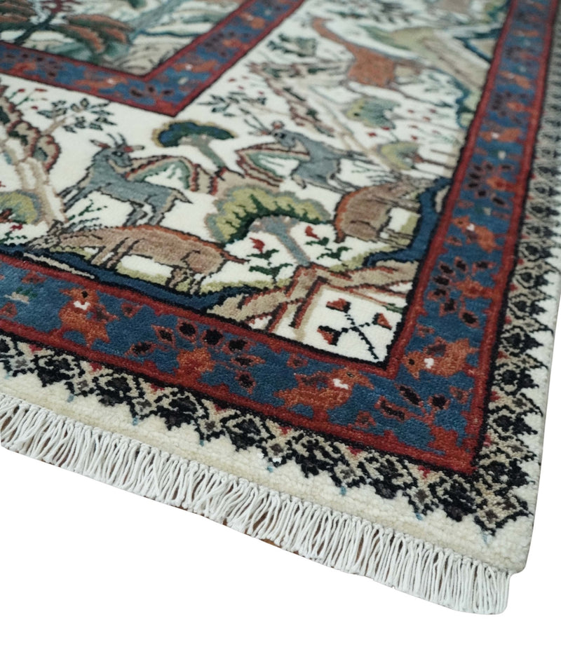 The Jungle Life Hunter and the King Animal Tree Rug Hand Knotted Ivory and Olive Wool