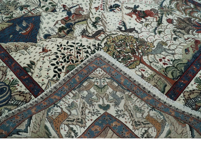 The Jungle Life Hunter and the King Animal Tree Rug Hand Knotted Ivory and Olive Wool