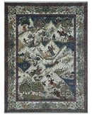 The Jungle Life Hunter and the King Animal Tree Rug Hand Knotted Ivory and Olive Wool