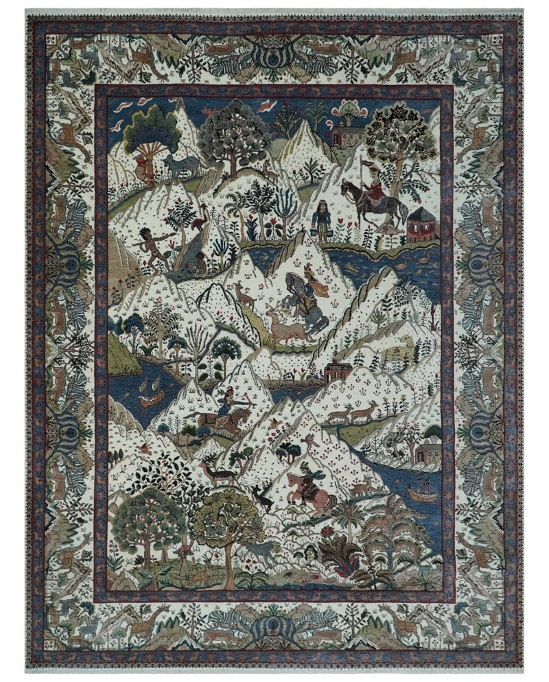 The Jungle Life Hunter and the King Animal Tree Rug Hand Knotted Ivory and Olive Wool