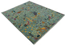 The Jungle Life Peacock Bird Rug Hand Knotted 8x10 Green Wool Rug by The Rug Decor