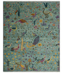 The Jungle Life Peacock Bird Rug Hand Knotted 8x10 Green Wool Rug by The Rug Decor