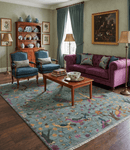 The Jungle Life Peacock Bird Rug Hand Knotted 8x10 Green Wool Rug