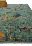 The Jungle Life Peacock Bird Rug Hand Knotted 8x10 Green Wool Rug by The Rug Decor