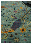 The Jungle Life Peacock Bird Rug Hand Knotted 8x10 Green Wool Rug by The Rug Decor
