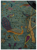Green Hand-Knotted Wool Area Rug Peacock Jungle Tropical Foliage Design Multi Size