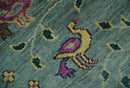 Green Hand-Knotted Wool Area Rug Peacock Jungle Tropical Foliage Design Multi Size