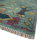 Green Hand-Knotted Wool Area Rug Peacock Jungle Tropical Foliage Design Multi Size