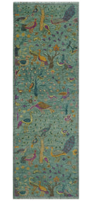 Green Hand-Knotted Wool Area Rug Peacock Jungle Tropical Foliage Design Multi Size