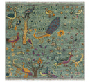 Green Hand-Knotted Wool Area Rug Peacock Jungle Tropical Foliage Design Multi Size