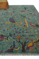 Green Hand-Knotted Wool Area Rug Peacock Jungle Tropical Foliage Design Multi Size